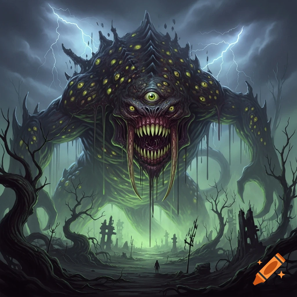 A massive, grotesque monster with many eyes, rows of sharp teeth, and dripping tentacles stands in a desolate, stormy landscape with lightning.