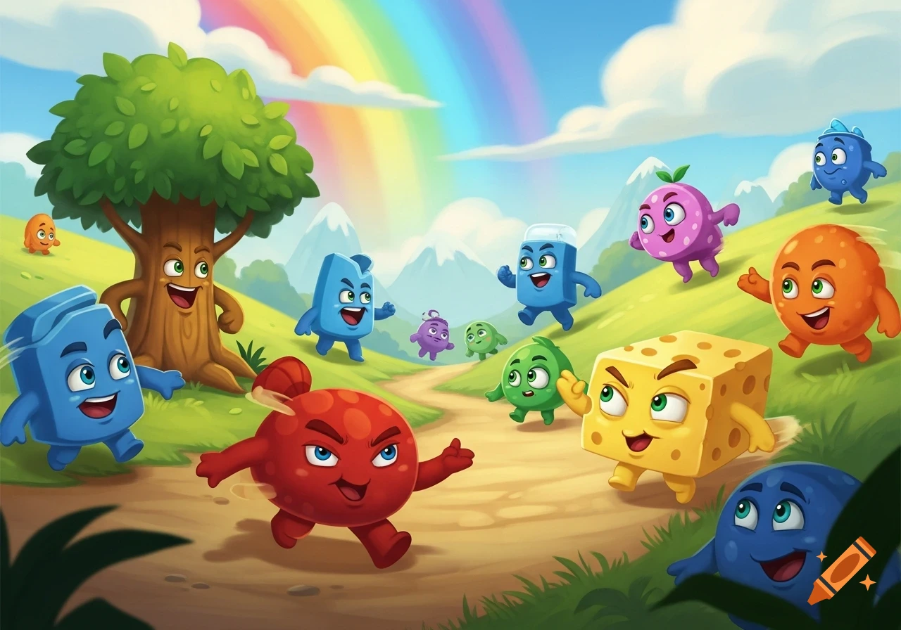 Vibrant cartoon landscape with a rainbow, showing colorful animated object characters running and playing on grassy hills around a tree.