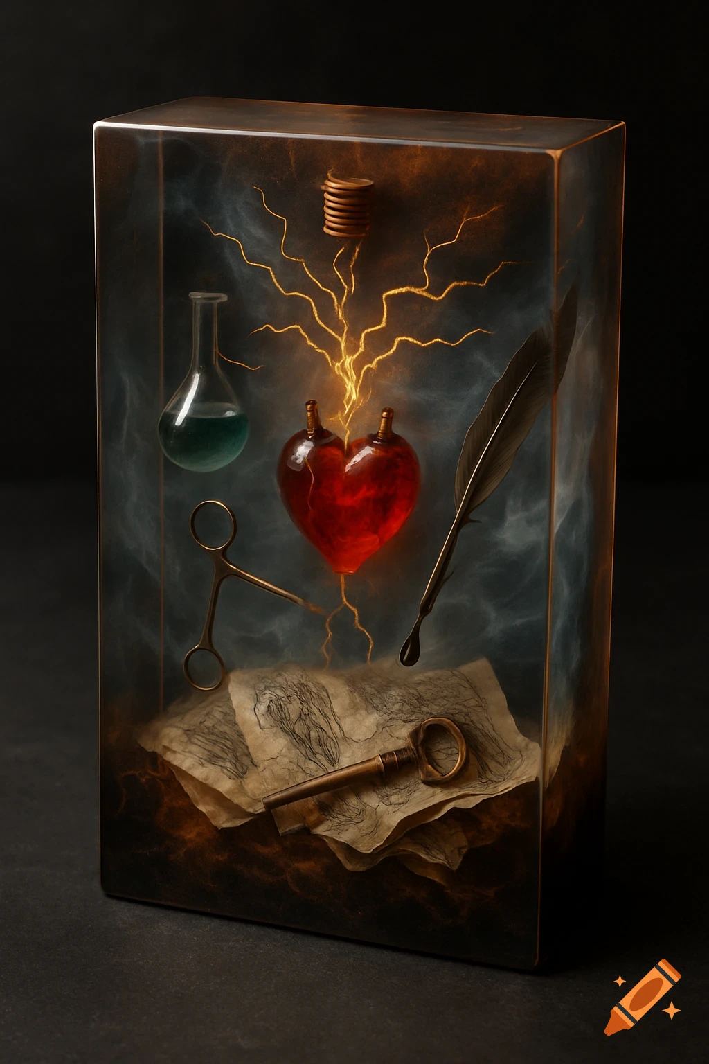 A rectangular epoxy resin monolith encasing scientific and anatomical elements, including a glowing red glass heart with electrodes, a flask, surgical clamp, quill, key, and old diagrams, surrounded by golden lightning and a frozen haze.