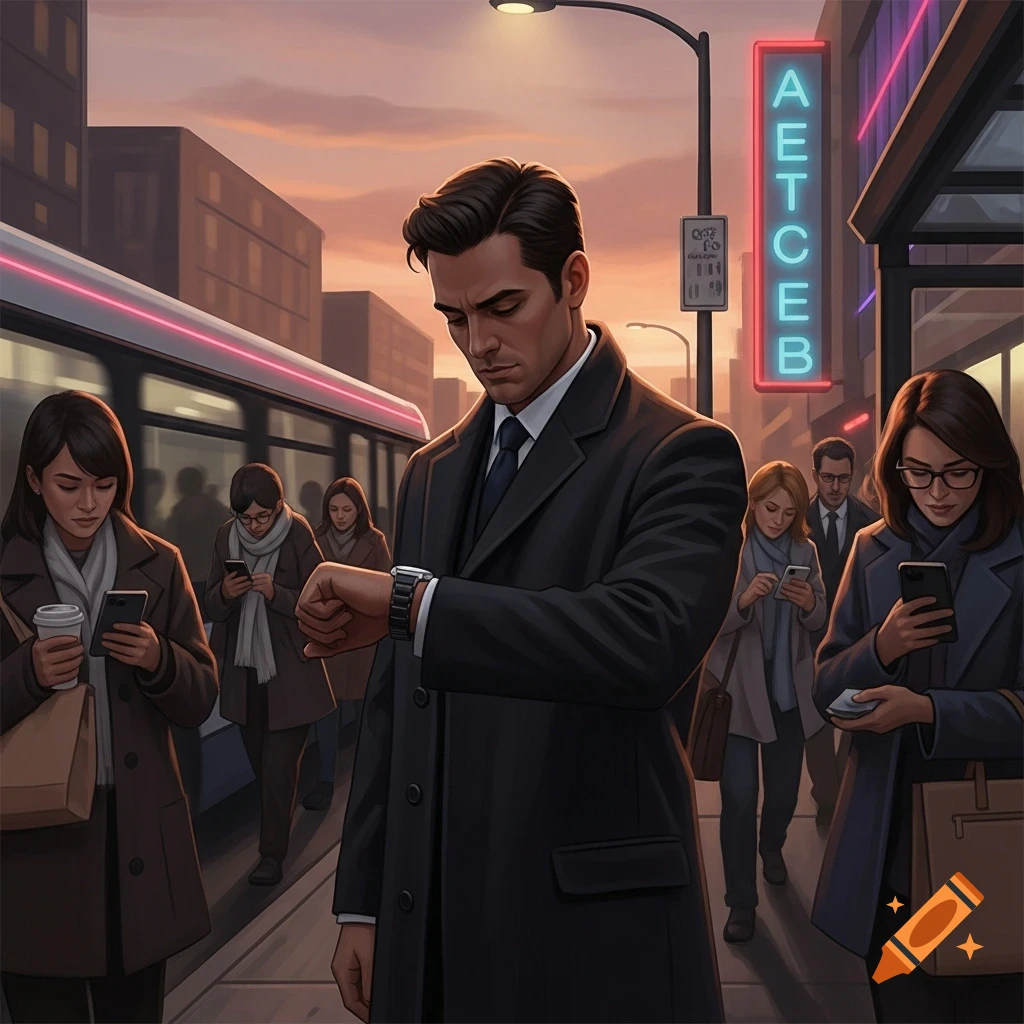 A man in a dark suit coat stands on a city street, looking at his wrist watch. Other commuters, mostly looking at phones, are blurred in the background, with a tram and neon sign under an evening sky.