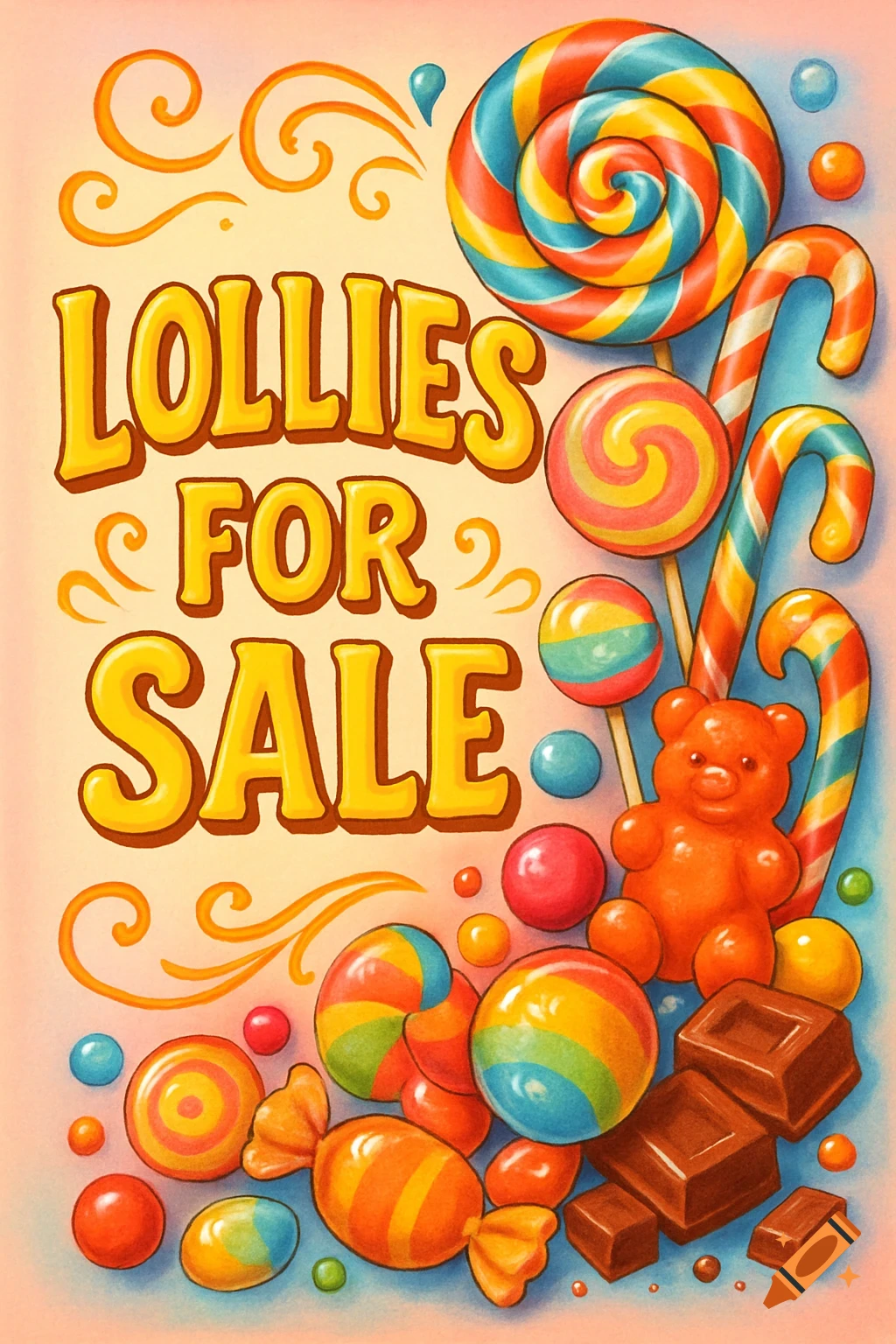 A vibrant 'Lollies for Sale' sign featuring colorful lollipops, candy canes, a gummy bear, and various candies.