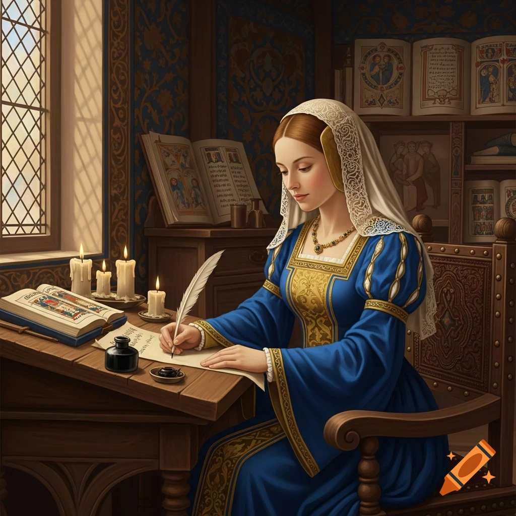 A woman in medieval attire, wearing a blue and gold gown and white veil, writes with a quill at a wooden desk by a window, surrounded by illuminated manuscripts and lit candles.