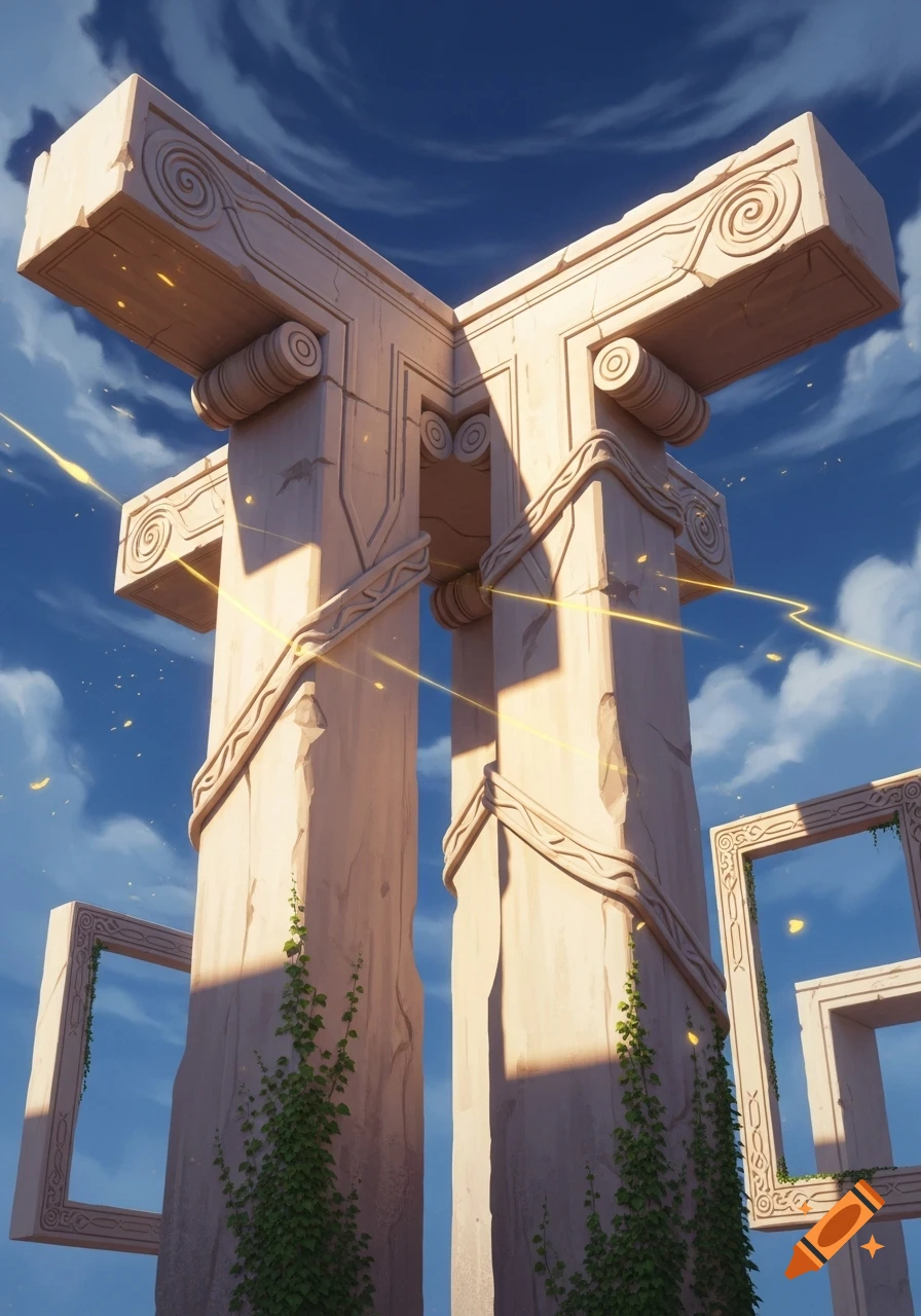 Towering stone structures resembling the letter T, adorned with ivy and golden light against a blue sky.