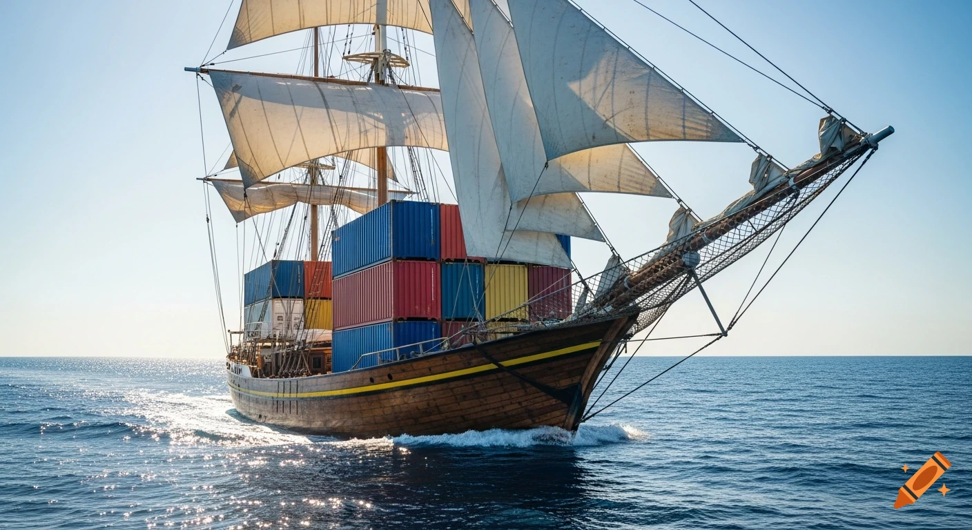 Photorealistic image of a traditional wooden sailing ship loaded with colorful shipping containers on a calm blue ocean.