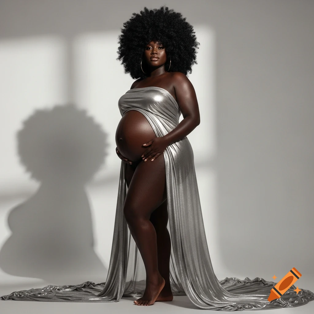 A heavily pregnant Black woman with a large afro poses in a flowing silver dress, hands on her belly, in a photorealistic studio portrait.