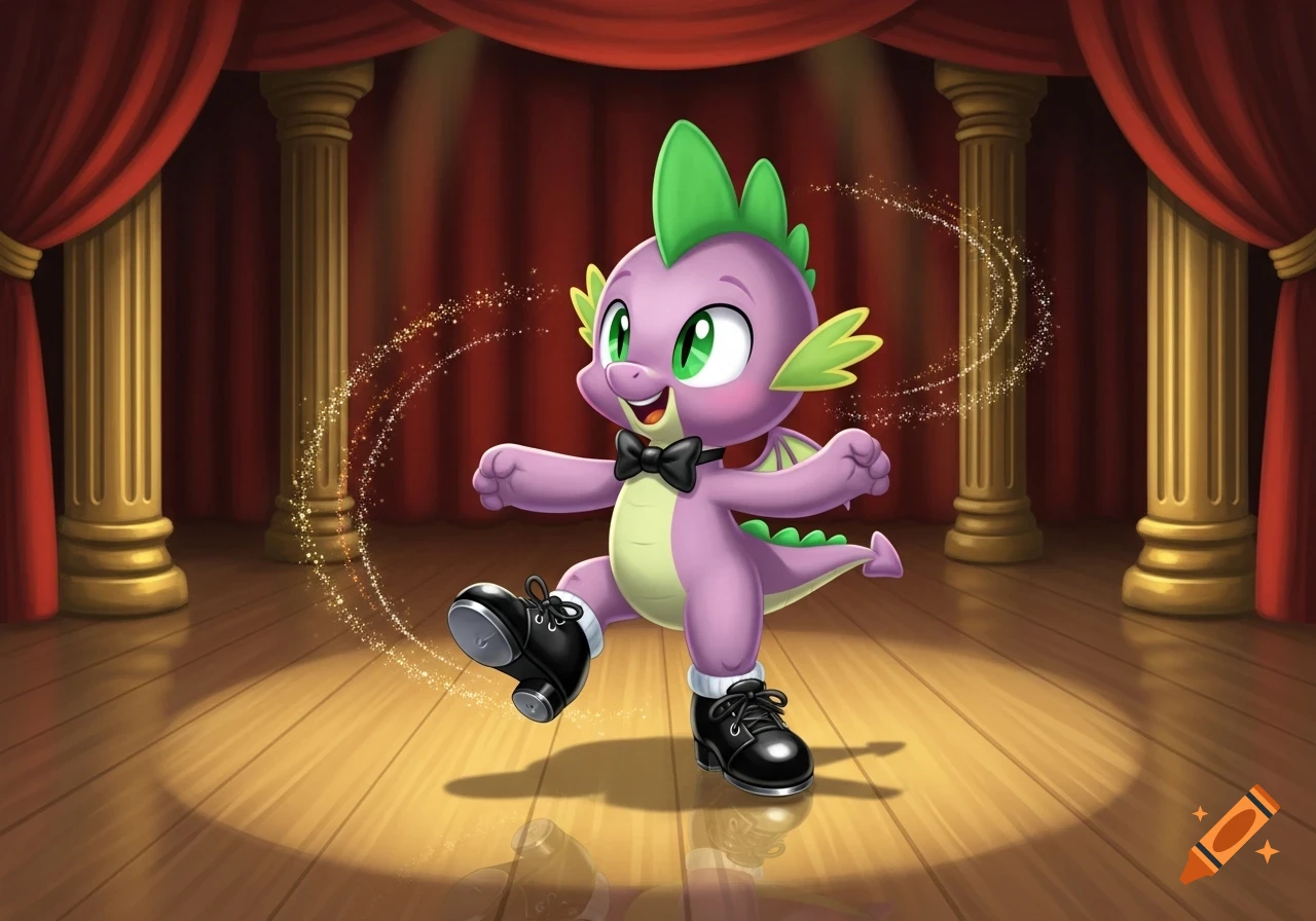Spike from My Little Pony tap dancing on a spotlighted stage with red curtains, wearing a black bow tie and tap shoes.