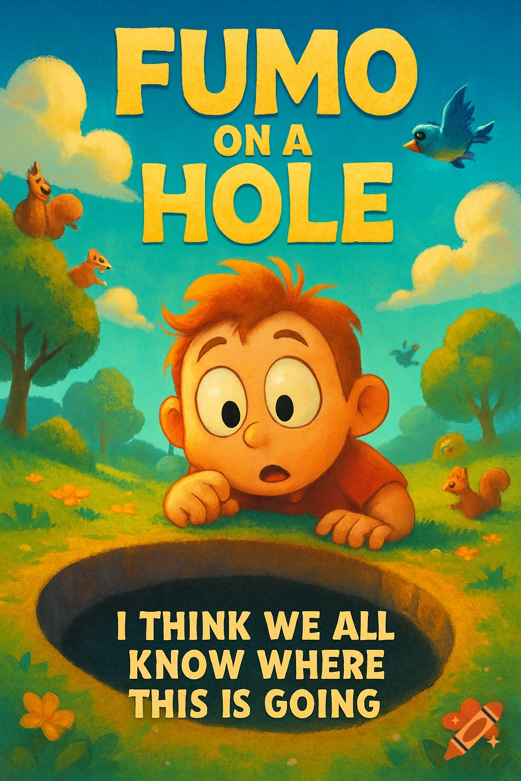 Animated movie poster shows a wide-eyed boy peering into a hole in a grassy field, with text FUMO ON A HOLE.