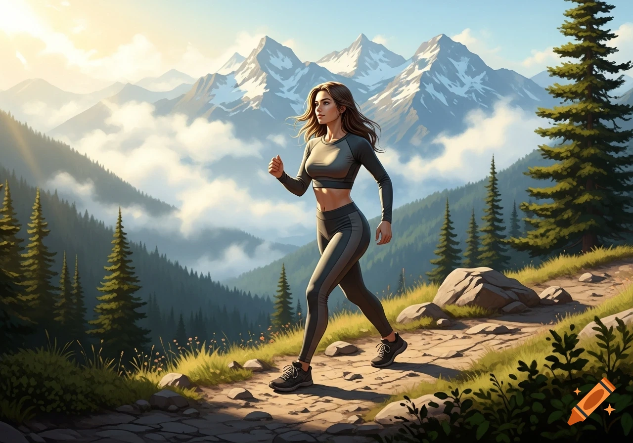 A woman in athletic wear runs on a mountain trail, with pine forests and snow-capped peaks under a cloudy sky.