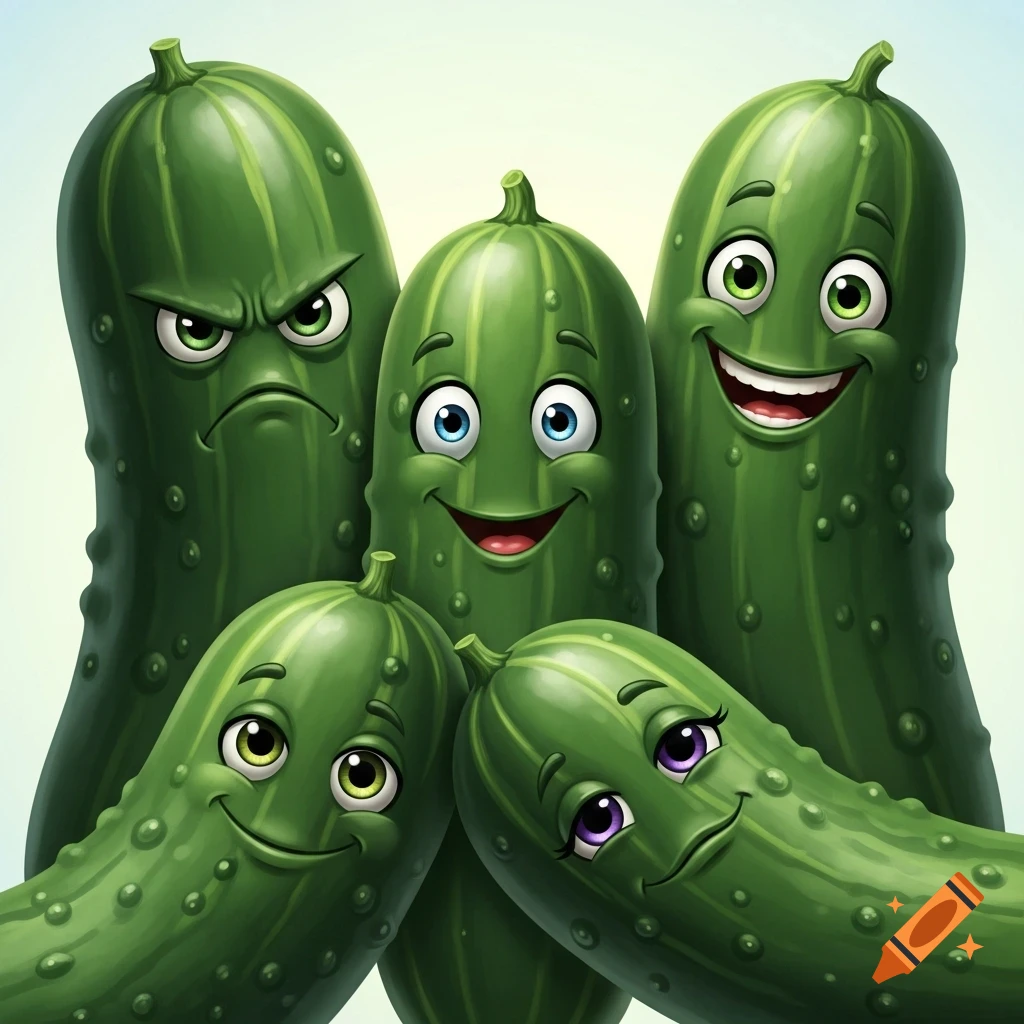 Five anthropomorphic cartoon cucumbers showing grumpy, happy, cheerful, and peaceful expressions.