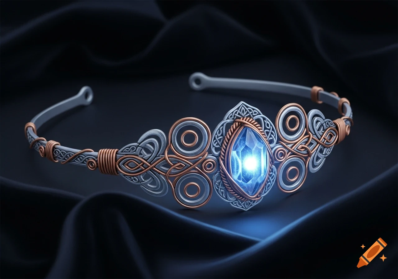 An ornate silver-toned Celtic headband with copper wire details and a glowing blue crystal centerpiece, resting on dark fabric.