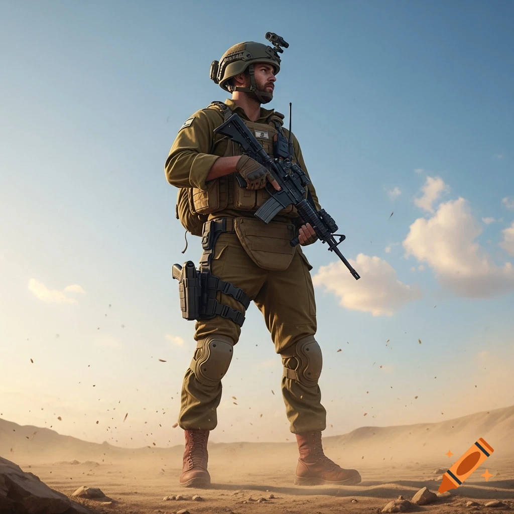 A photorealistic image of an Israeli soldier in full uniform, helmet, holding a rifle, standing in a desert landscape.