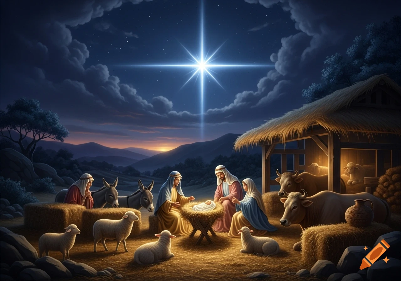 A detailed illustration of the Nativity scene at night with Mary, Joseph, baby Jesus, animals, and a bright star.