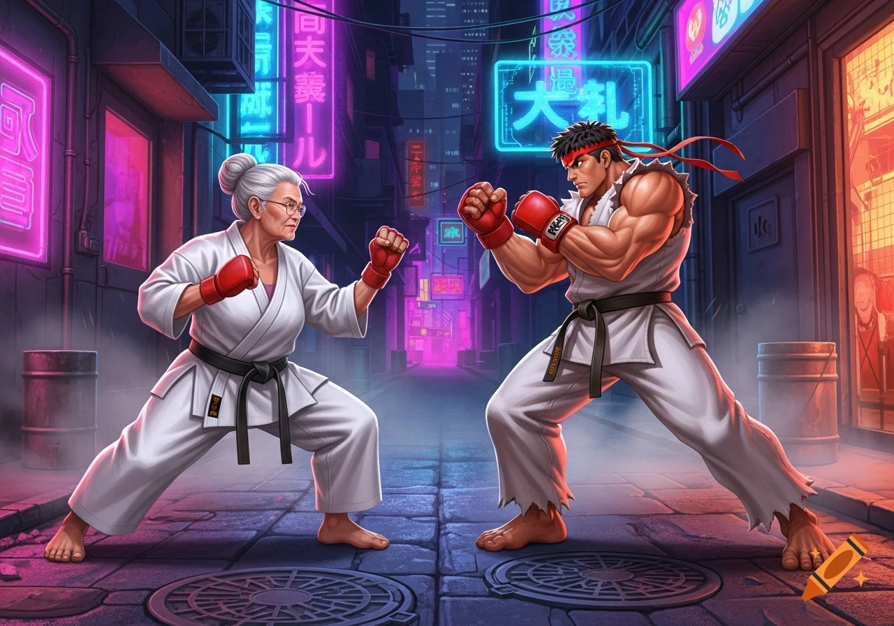 An elderly woman and a muscular man in white gis and red boxing gloves in a martial arts fighting stance in a neon-lit cyberpunk alley, stylized art.