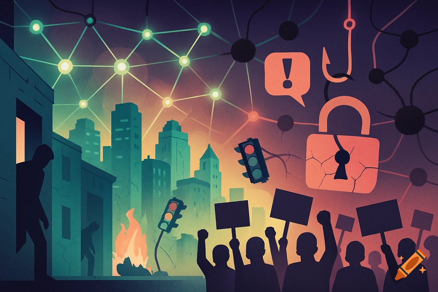 Stylized illustration of a fractured city with a glowing network overhead. Silhouetted figures protest, a fire burns, and a cracked padlock and phishing hook symbolize digital threats.