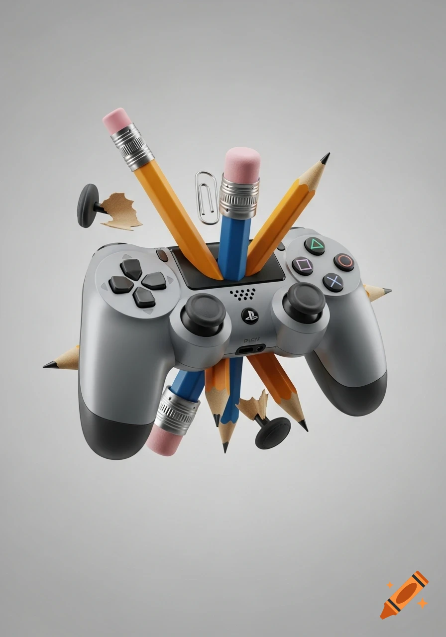 A photorealistic 3D render of a gray PlayStation controller merging with yellow and blue pencils, paper clips, and pencil shavings, against a light gray background.