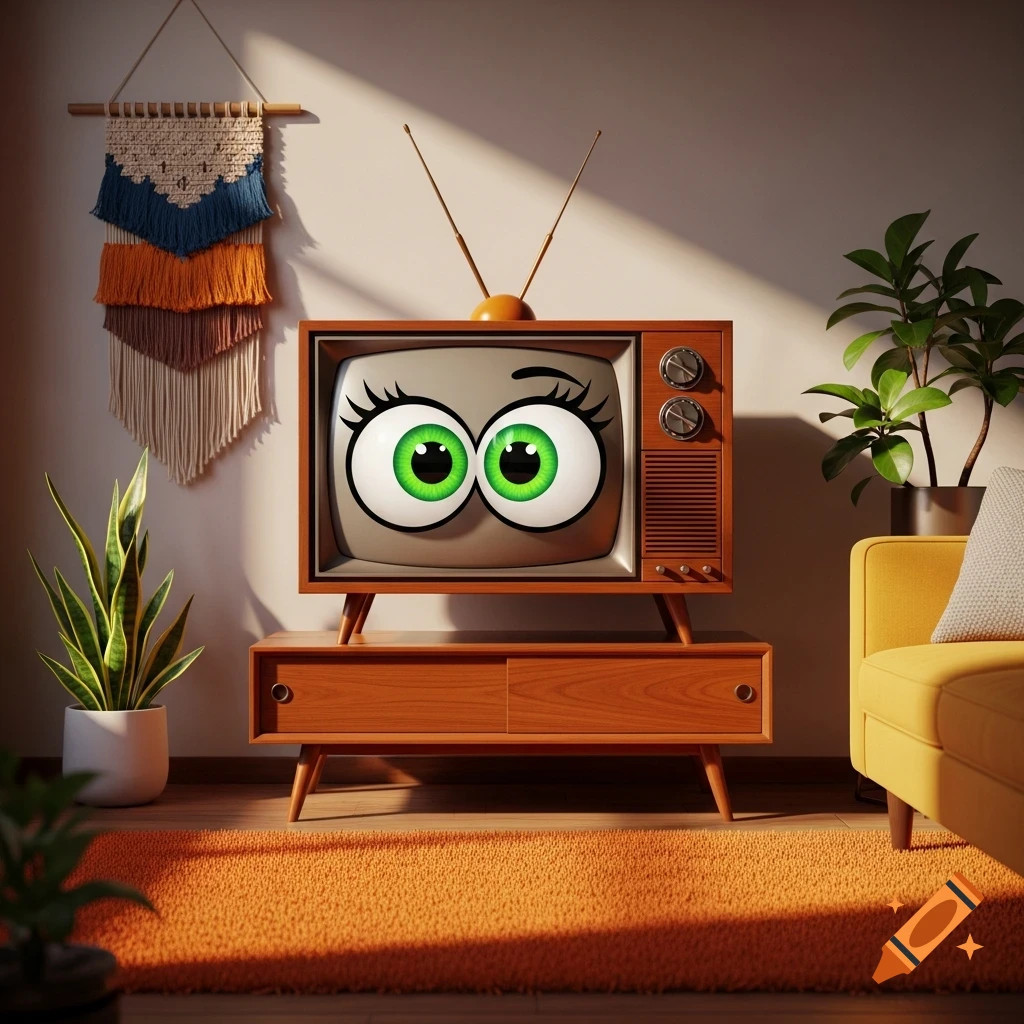 A retro television with large green cartoon eyes on its screen sits on a wooden stand in a sunlit room with plants and a colorful wall hanging.