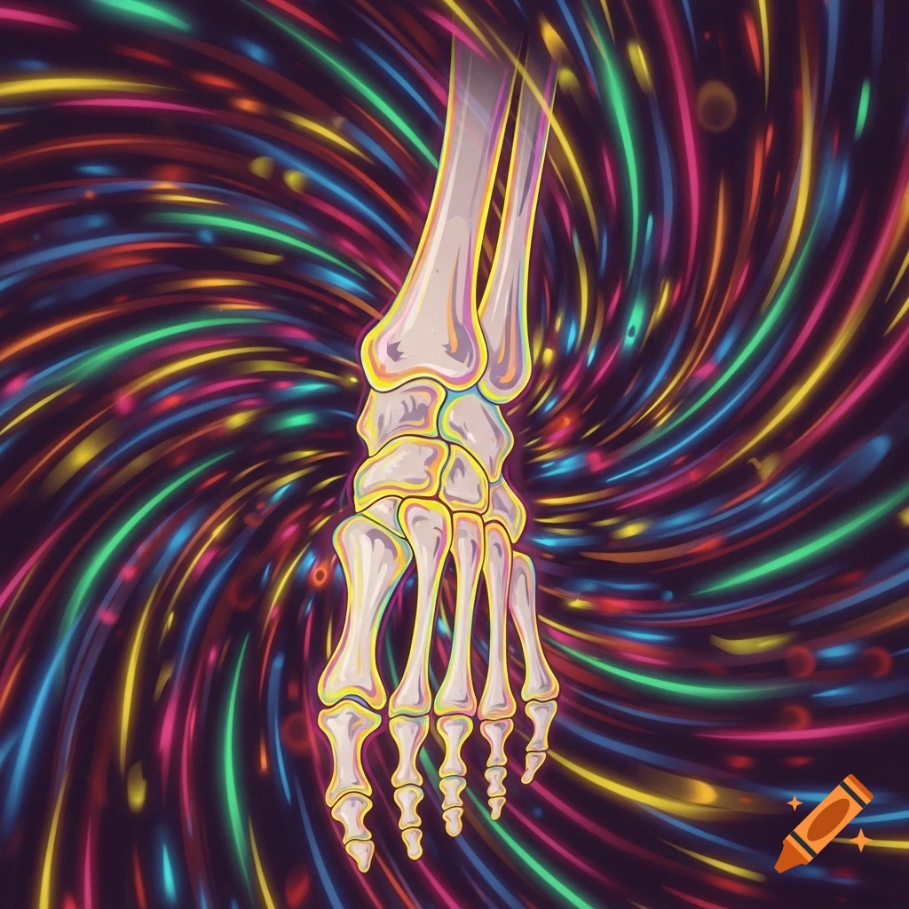 A stylized skeleton foot with yellow highlights against a swirling background of neon rainbow colors.