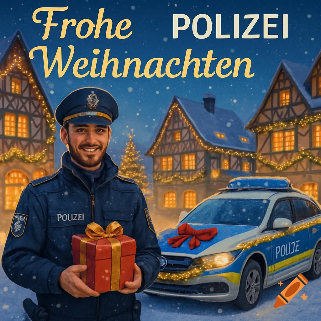 A smiling police officer in uniform holds a gift in a snowy village scene with a police car decorated with a red bow. Text says "Frohe Weihnachten" and "POLIZEI" above, with some text on the car partially incorrect.