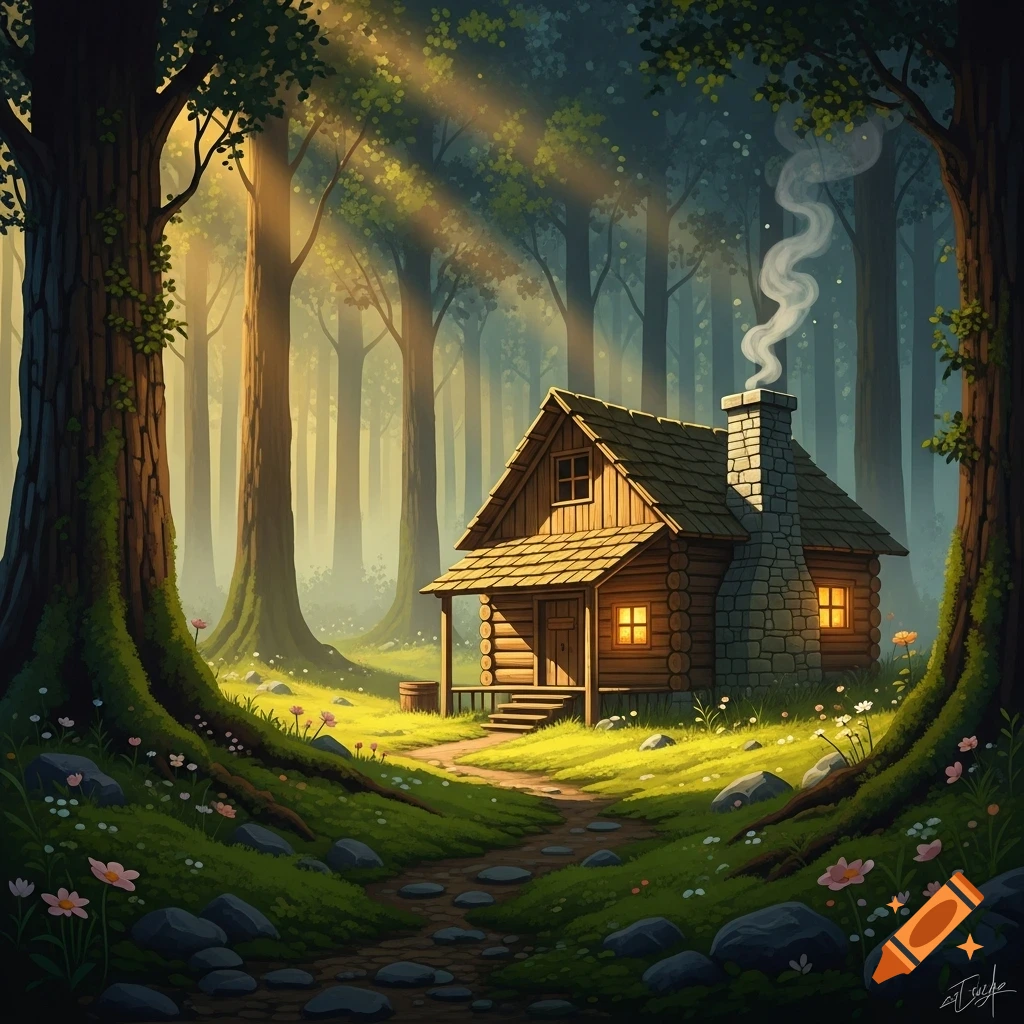 A stylized illustration of a cozy wooden cabin with a smoking chimney in a vibrant green, sunlit forest with a winding path.