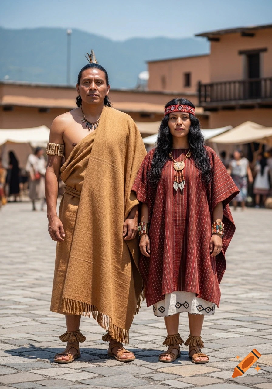 A man and a woman in traditional Aztec clothing stand facing forward in an outdoor plaza.