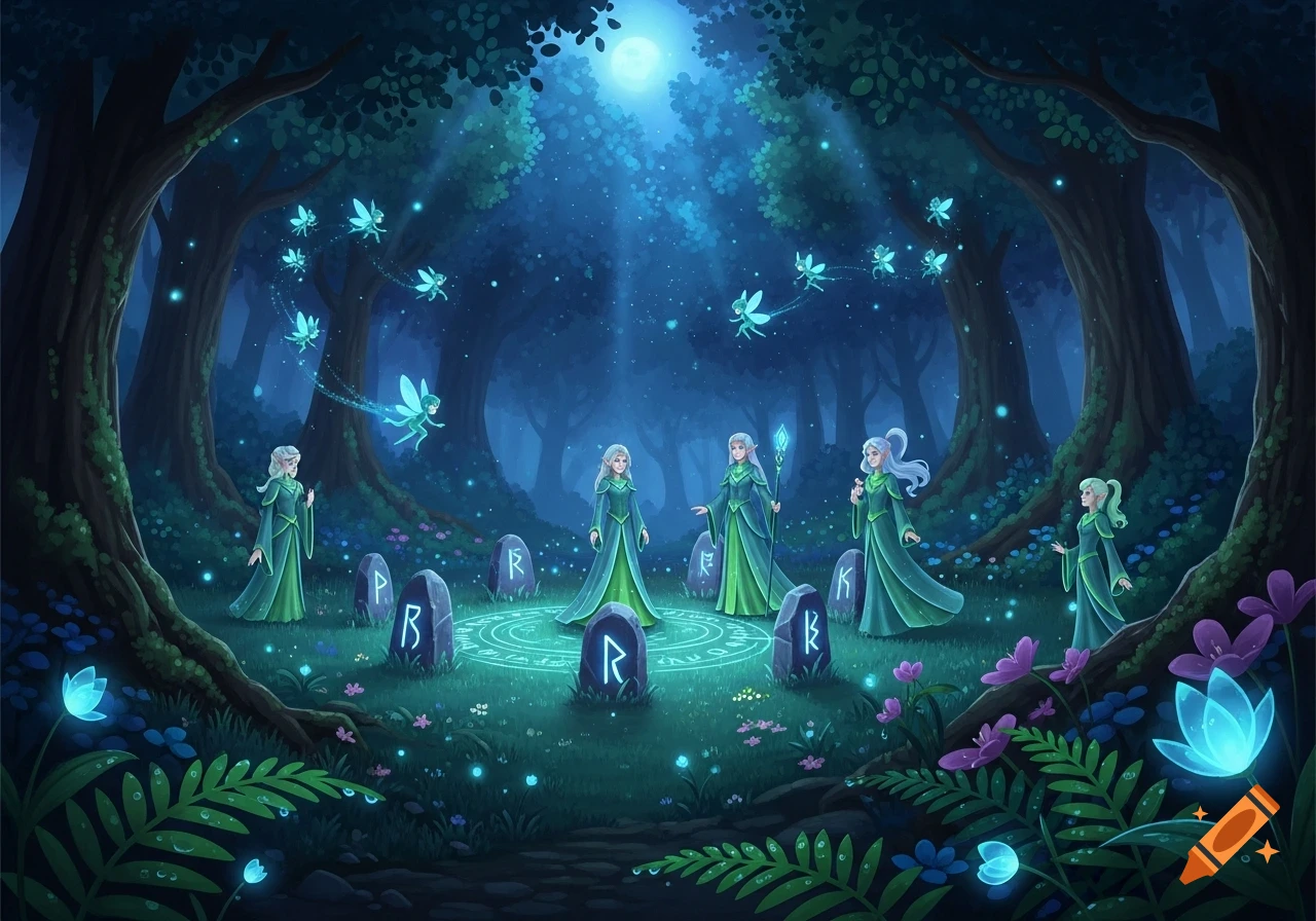 Five elves performing a ritual in a glowing magical forest at night, surrounded by blue fairies and rune-covered stones under a full moon.