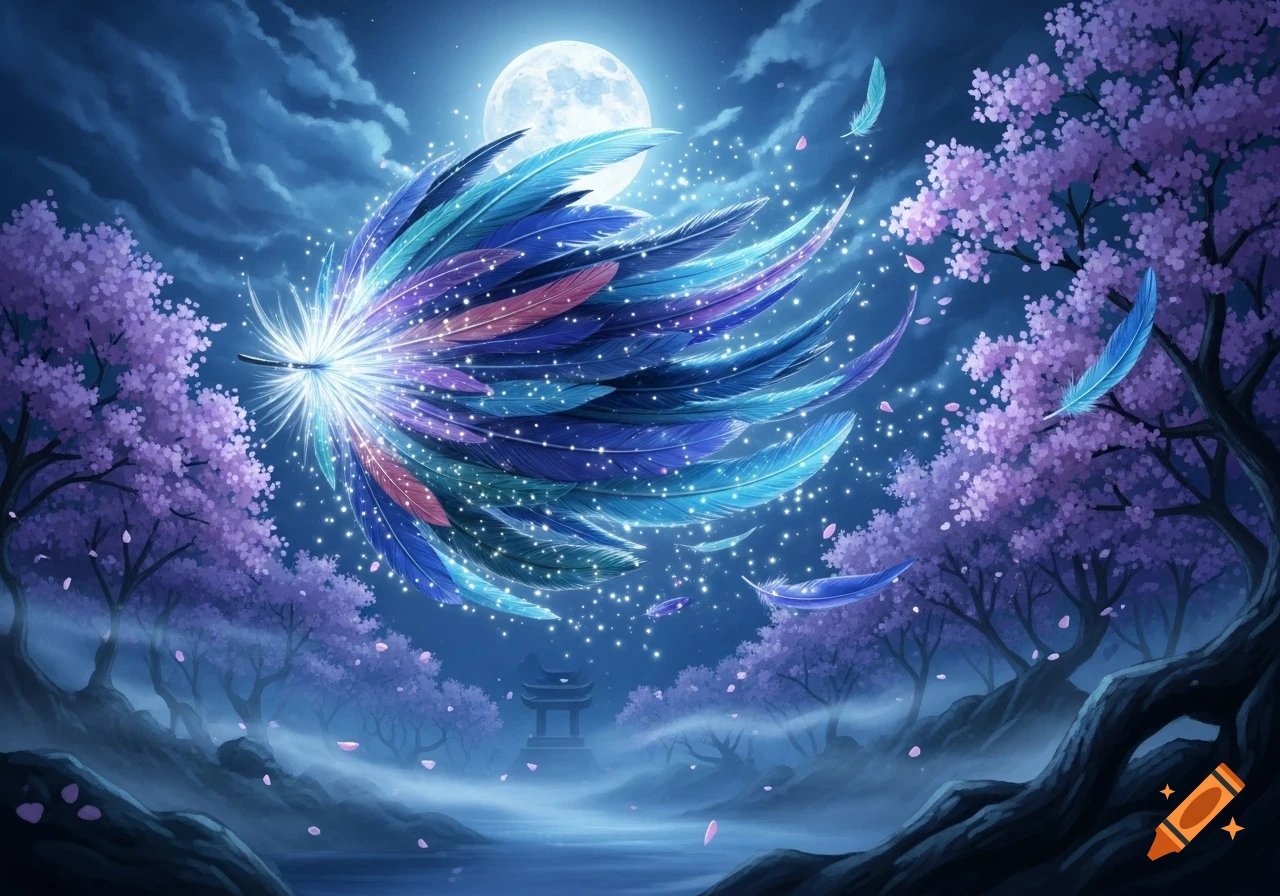 A vibrant fantasy landscape at night with a full moon, glowing multi-colored feathers, and purple cherry blossom trees.