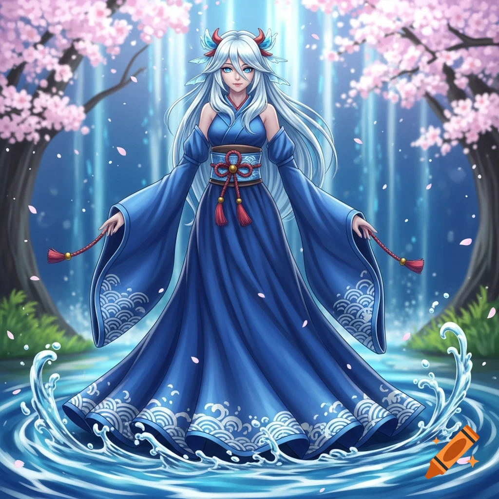 Anime character with white hair and horns in a blue kimono-like dress stands in splashing water under cherry blossom trees.
