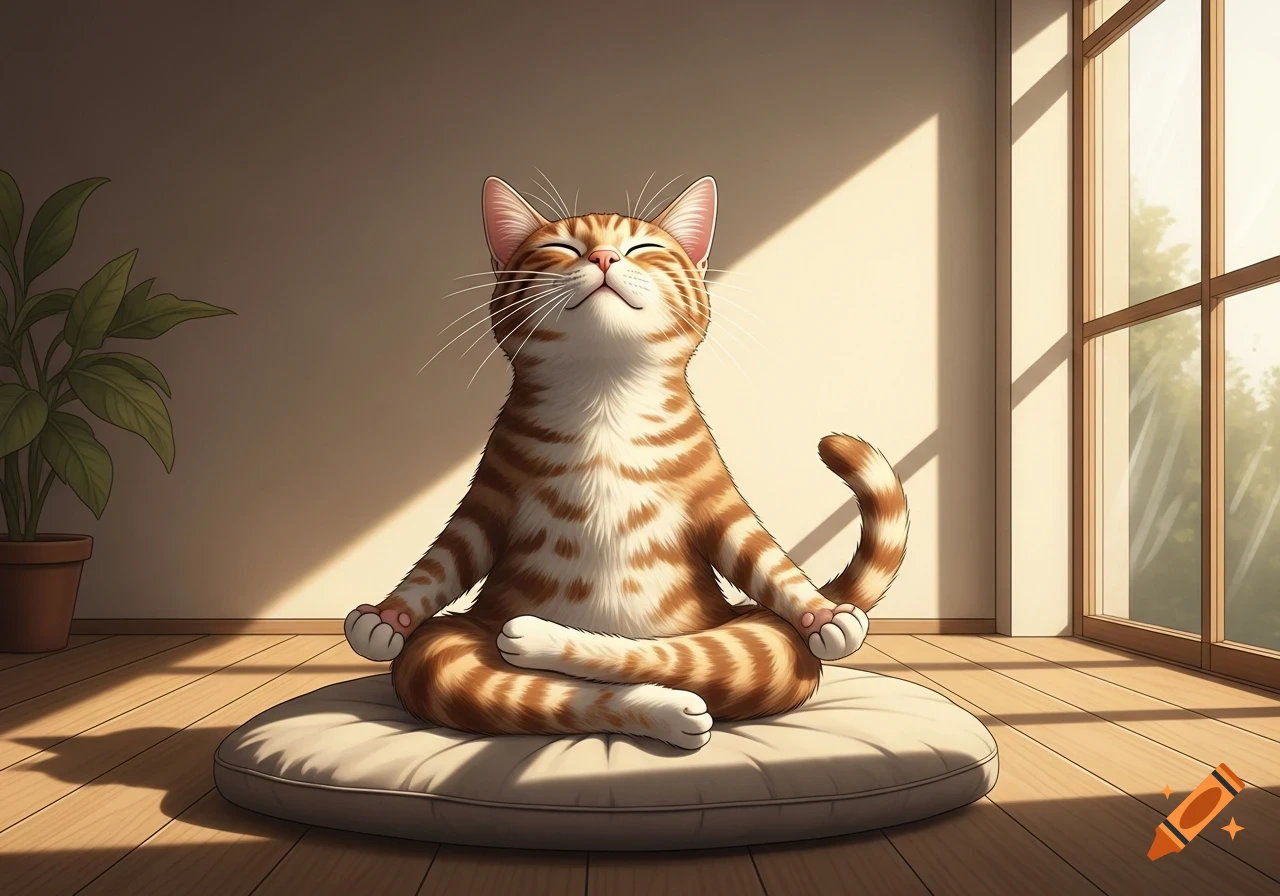 A charming cartoon tabby cat meditates in a yoga pose on a cushion, bathed in warm sunlight from a window.