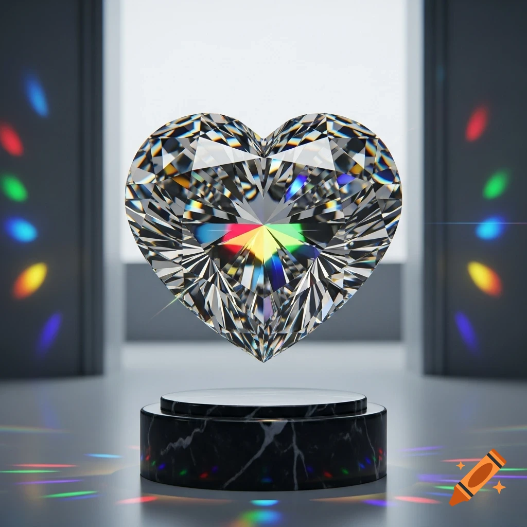 A heart-shaped diamond sparkling with prismatic rainbow colors, floating above a black marble pedestal in a bright room.