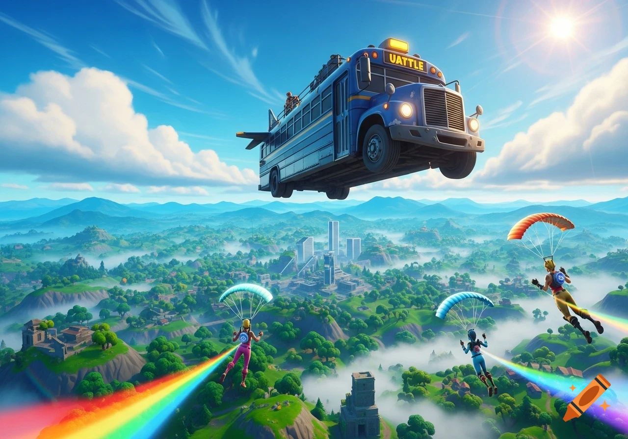 Blue Fortnite Battle Bus flying, dropping characters with rainbow parachutes over a cartoonish green landscape and distant city.