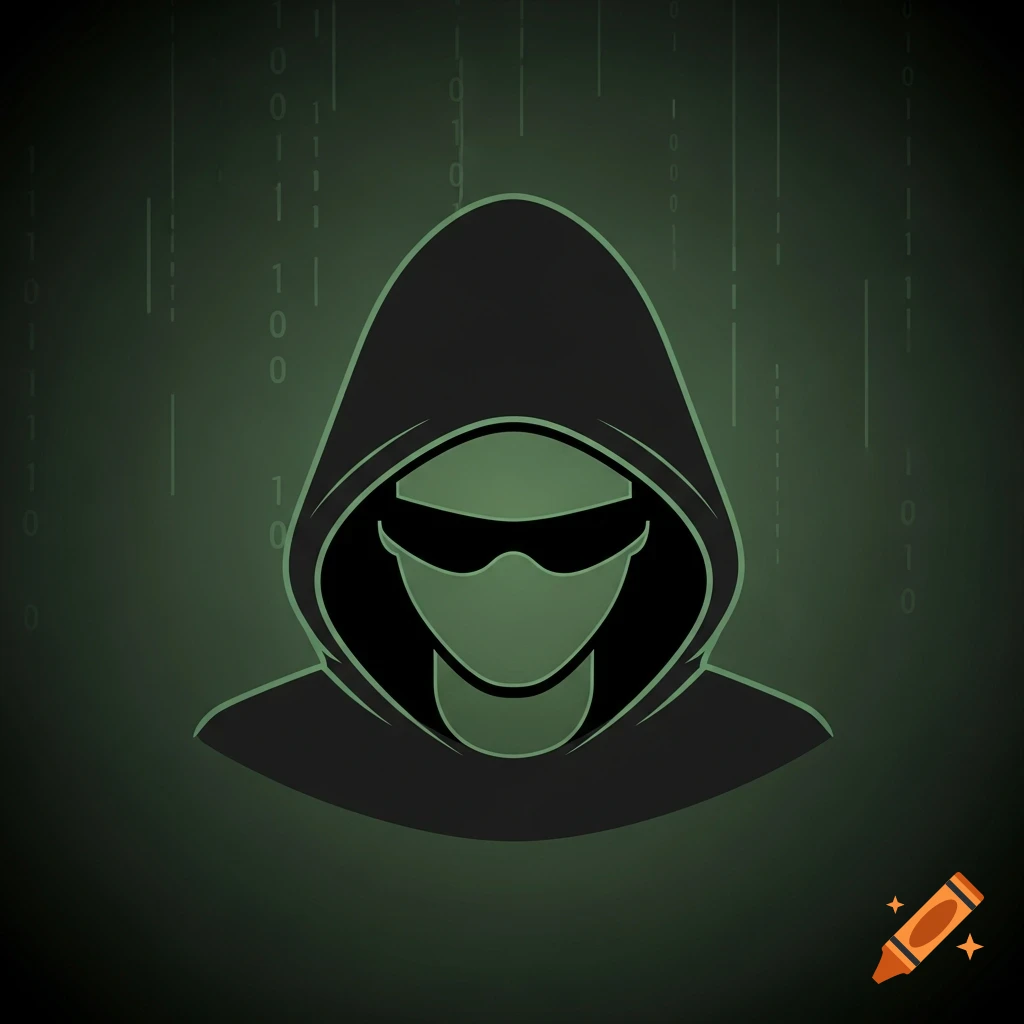 Minimalist illustration of a hooded figure with hidden face and sunglasses, on a dark green background with falling binary code.