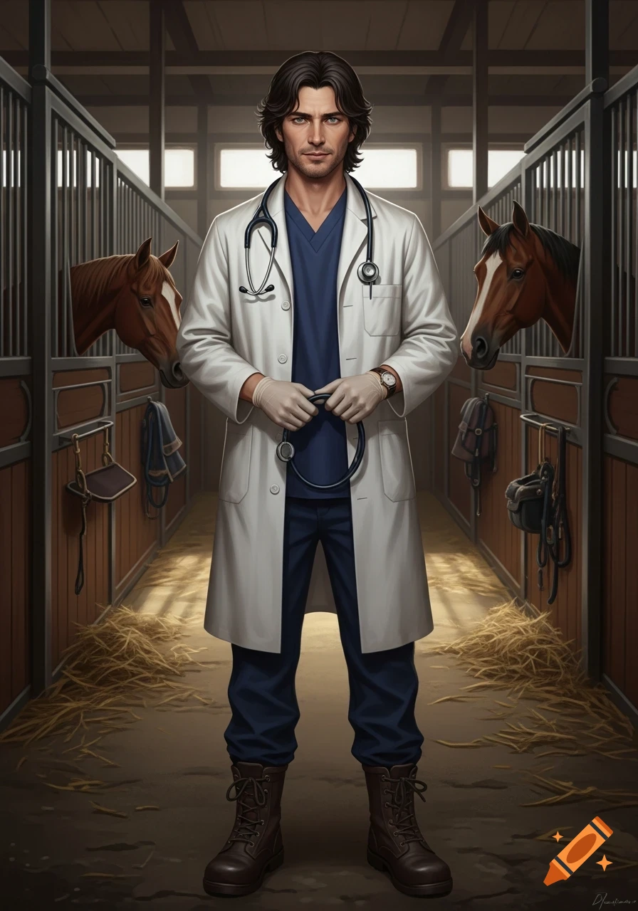 A male veterinarian with a stethoscope stands in a stable between two horse stalls, looking professional and calm.