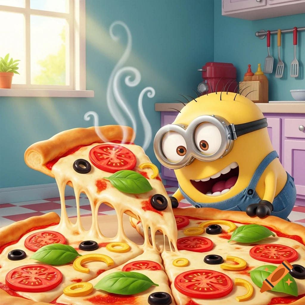 A happy Minion in a kitchen looks excitedly at a large slice of steaming, cheesy pizza with tomatoes, olives, and basil being lifted.