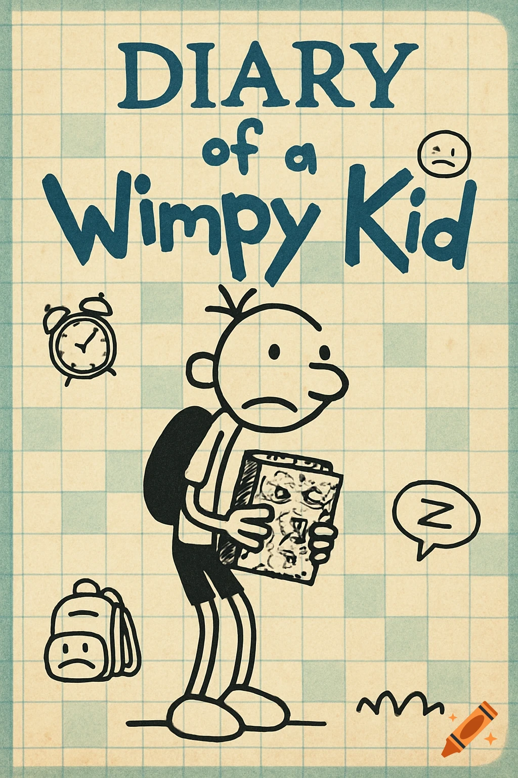 Cartoon drawing of a boy with a backpack holding a book titled 'DIARY of a Wimpy Kid' on a grid paper background.