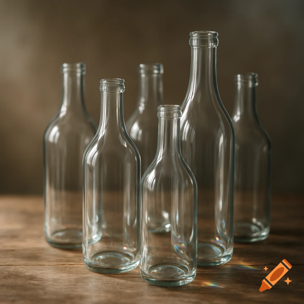 A still life photograph of several clear glass bottles of various sizes on a rustic wooden table.
