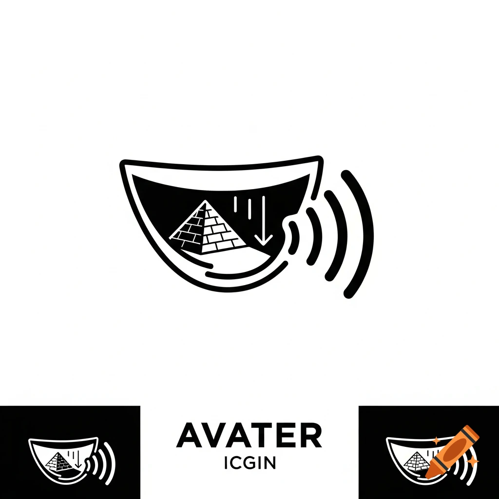 A black and white minimalist logo showing a stylized mouth with a falling pyramid and sound waves emanating from it.