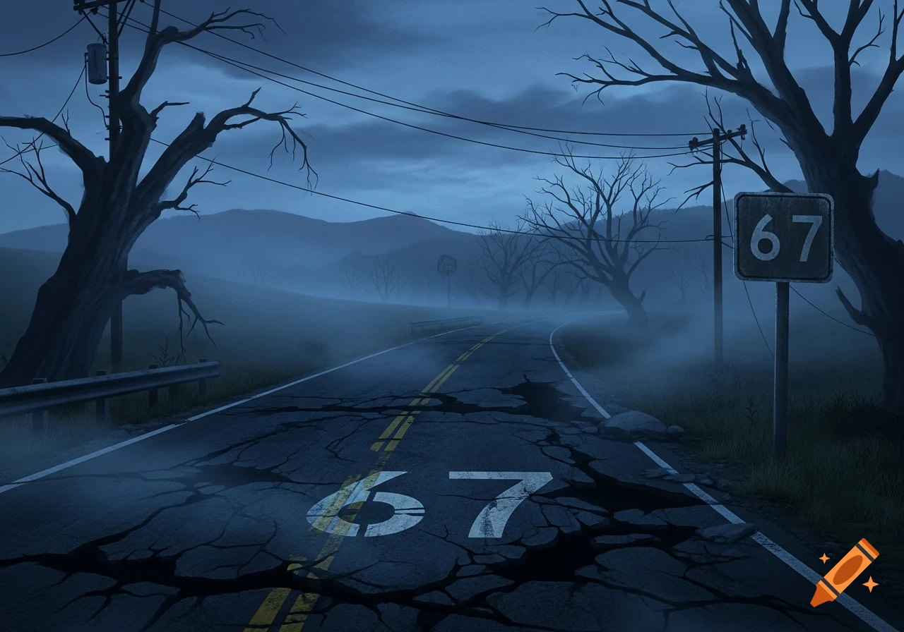 A dark, foggy, cracked road with bare trees and a '67' sign, creating a scary, desolate landscape.