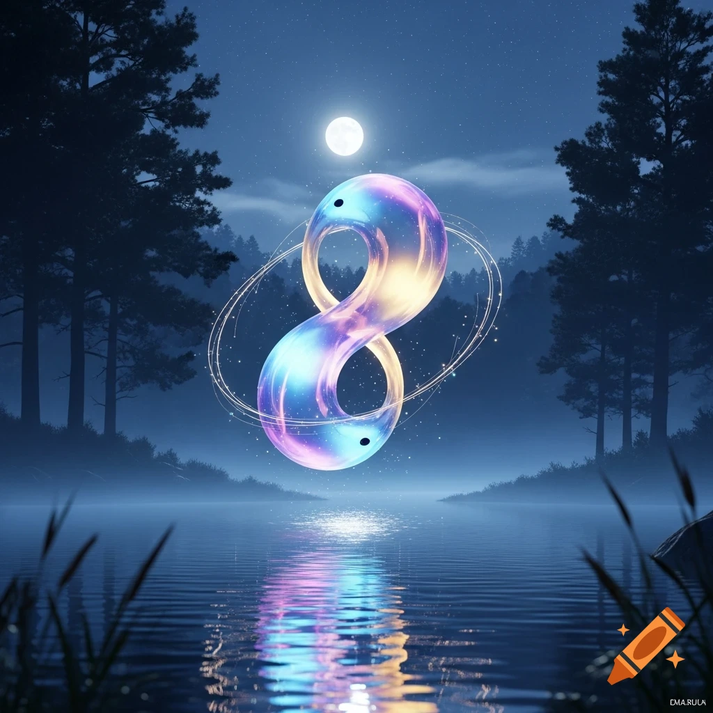 A glowing, iridescent infinity symbol floats above a calm lake, reflecting its colors, beneath a full moon in a misty night forest.