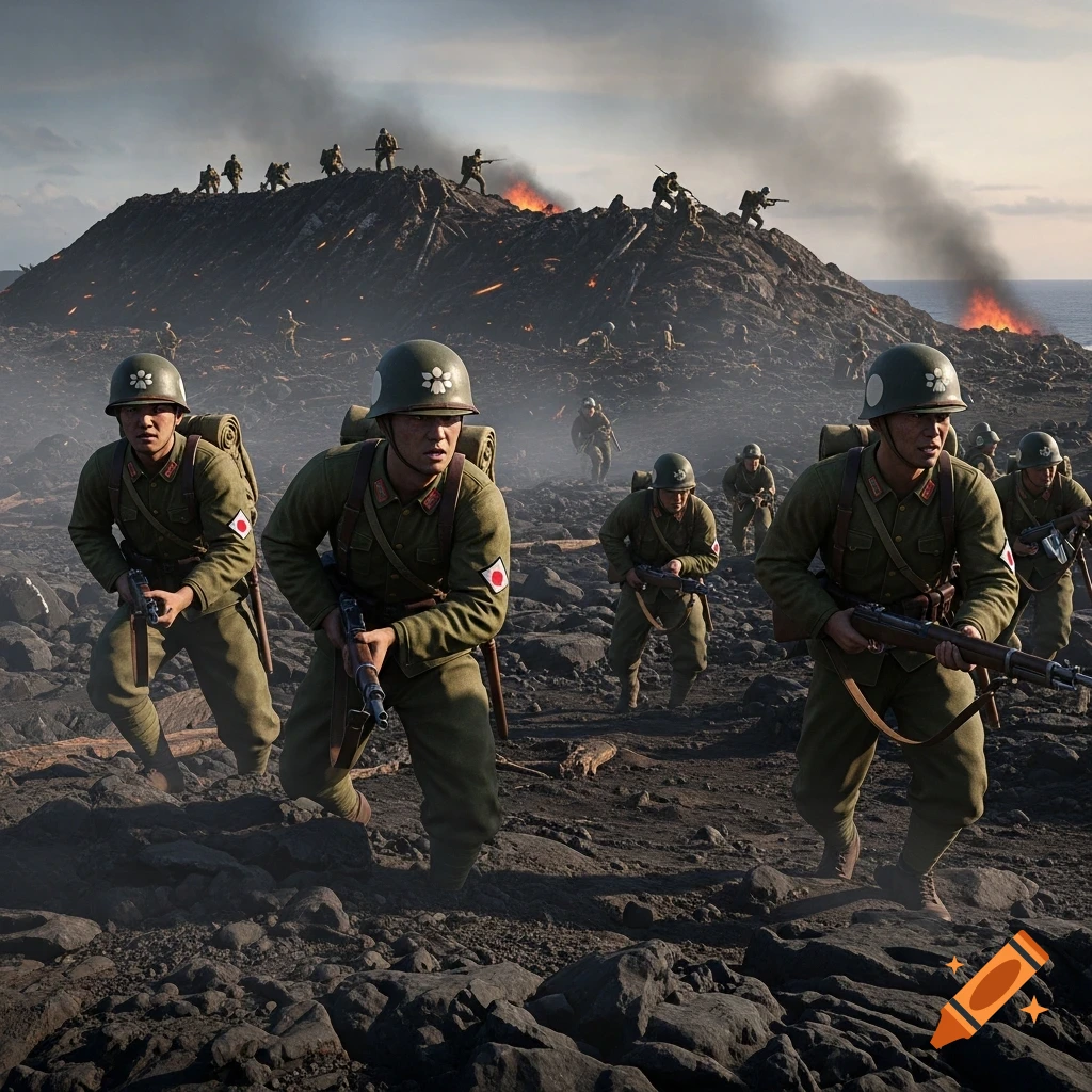 Photorealistic depiction of Japanese soldiers advancing across a rocky battlefield with smoke and fires in the background, ocean visible.