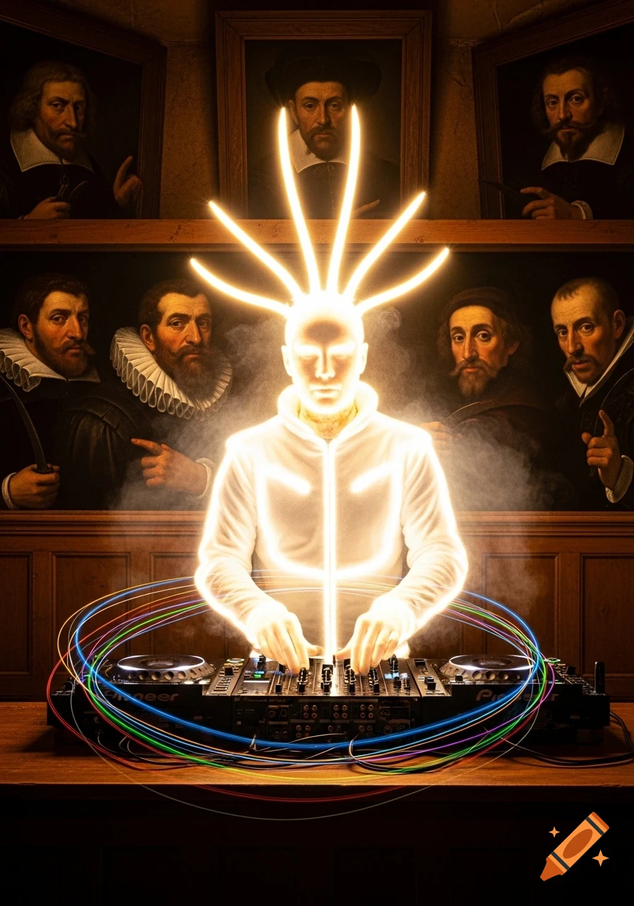 A glowing figure with light rays from its head plays a DJ console, surrounded by historical portraits in a dark room.
