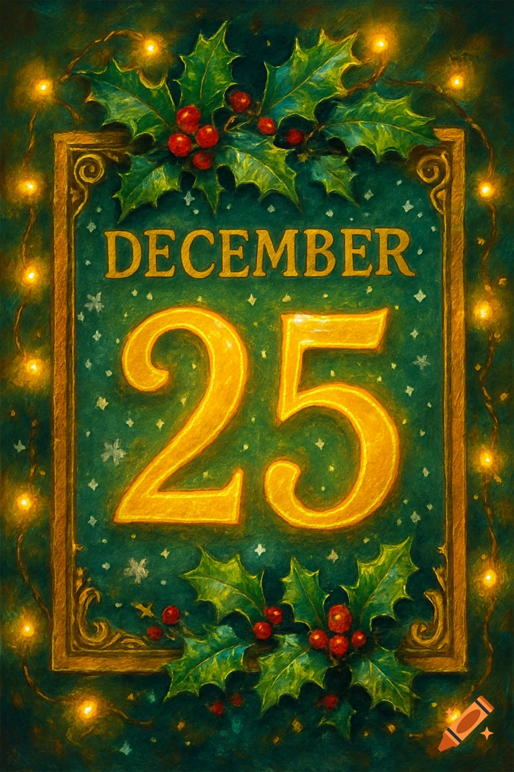 Festive illustration of a green calendar plaque with 'DECEMBER 25' in gold, surrounded by holly, berries, and twinkling lights.