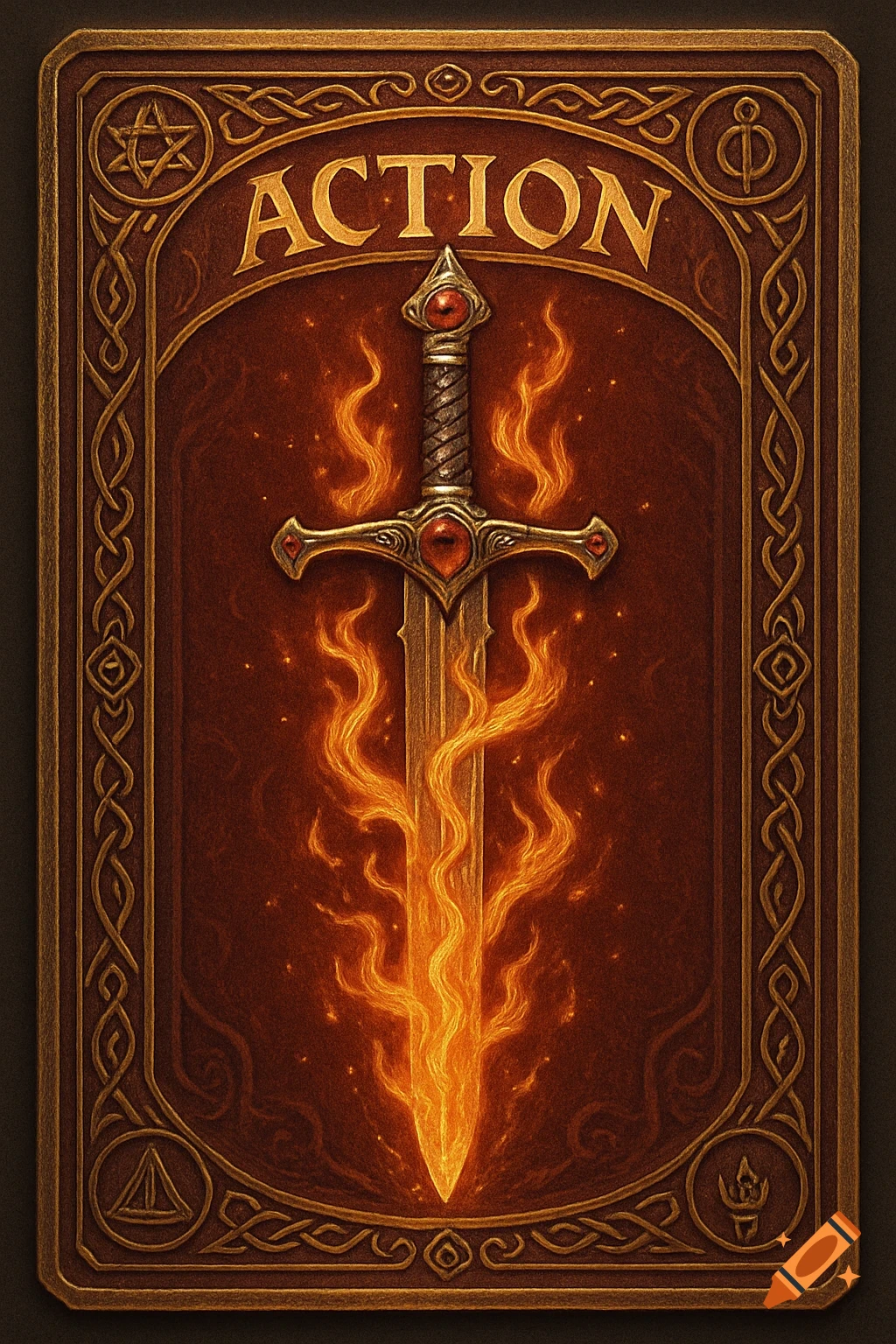 A fantasy-style playing card, rich red and gold, featuring a glowing sword engulfed in flames, with "ACTION" at the top and intricate Celtic knot borders.