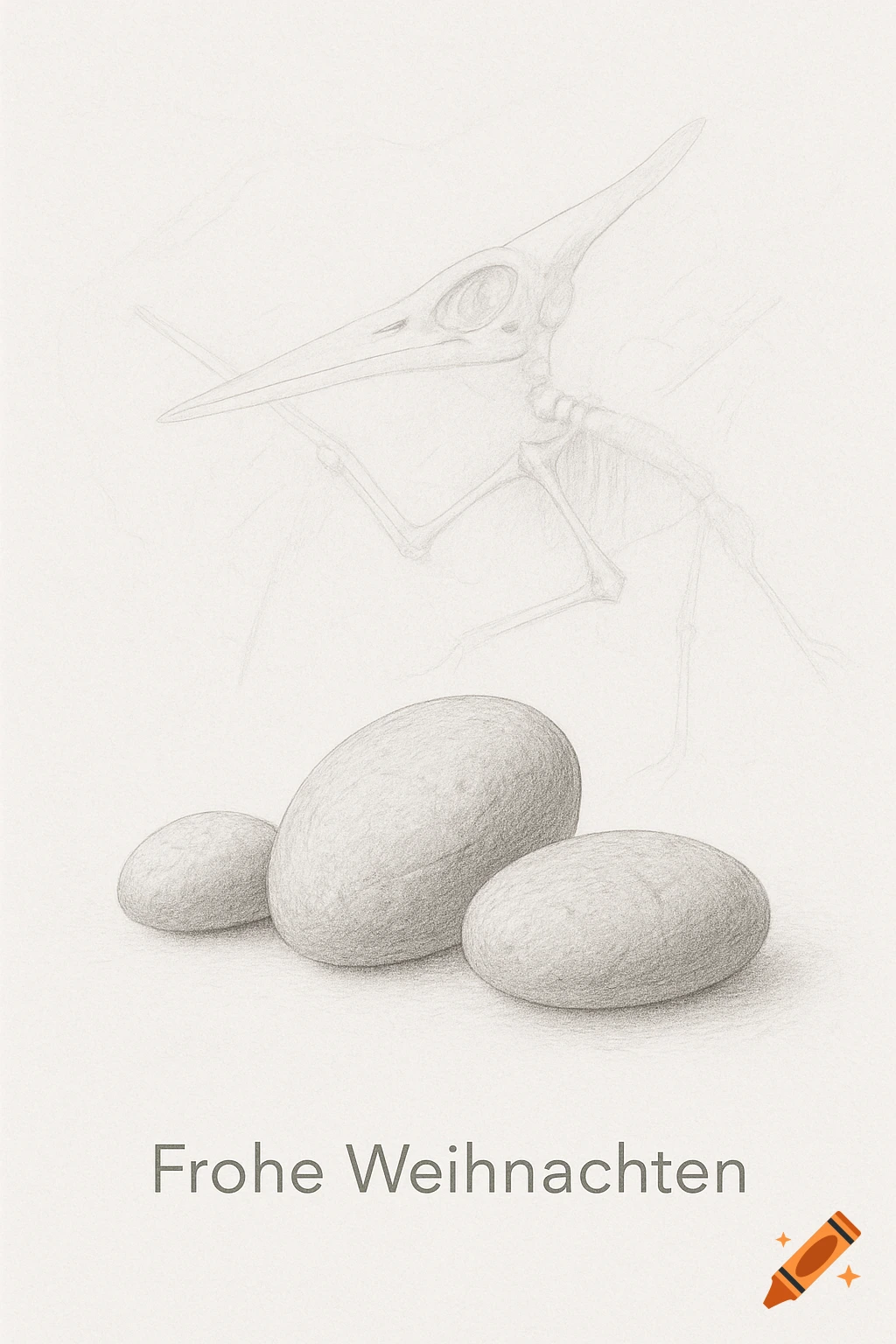 Minimalist pencil drawing of three fossilized eggs with a faint pterosaur skeleton outline and 'Frohe Weihnachten' text.