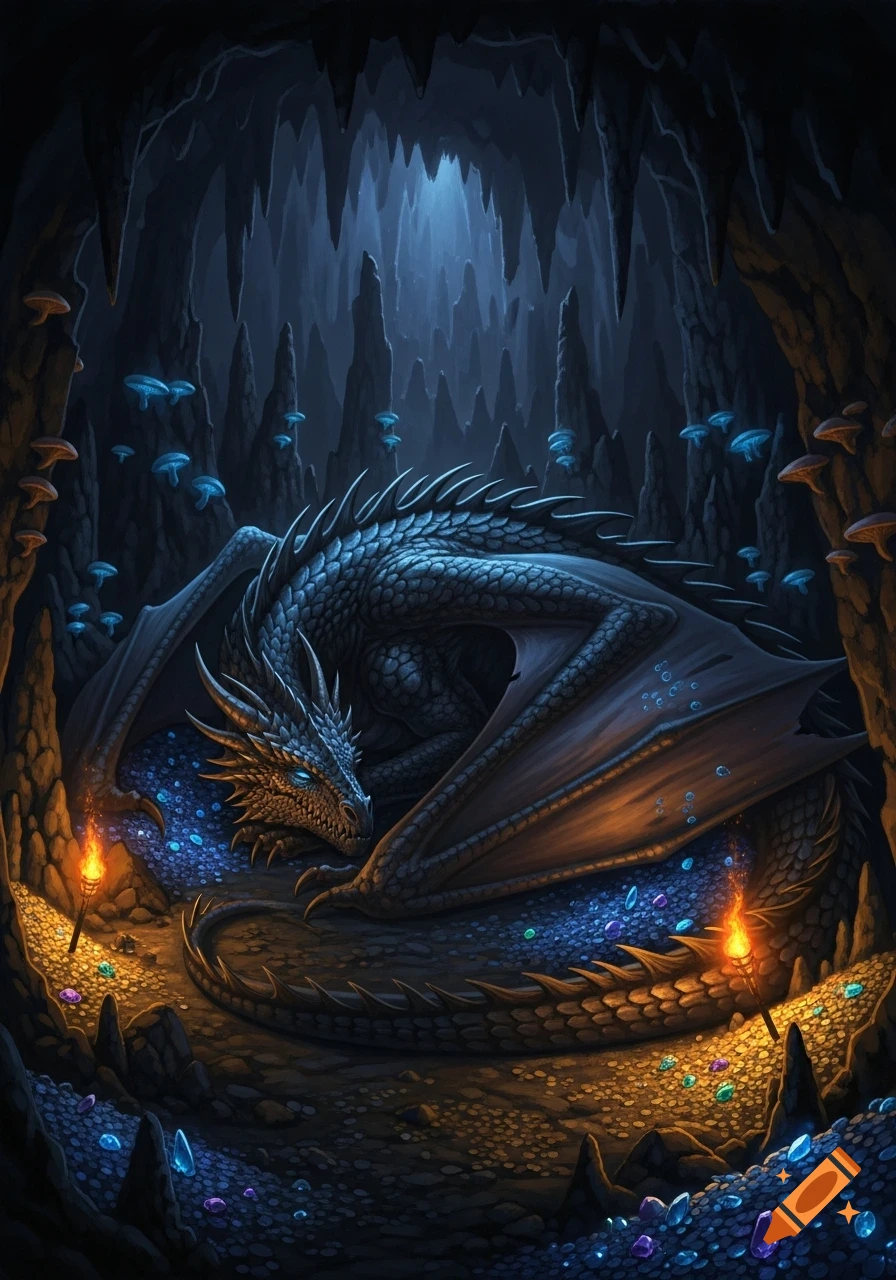 A dark dragon sleeps on blue and purple treasure in a torch-lit cave with glowing mushrooms, fantasy illustration.