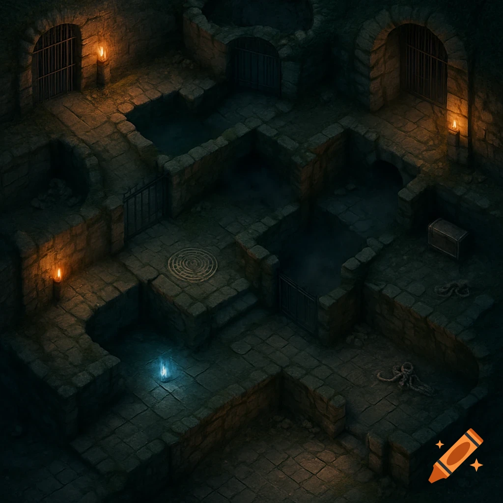 Isometric view of a dark, realistic RPG dungeon map with stone walls, grated cells, torches, and a glowing blue light.