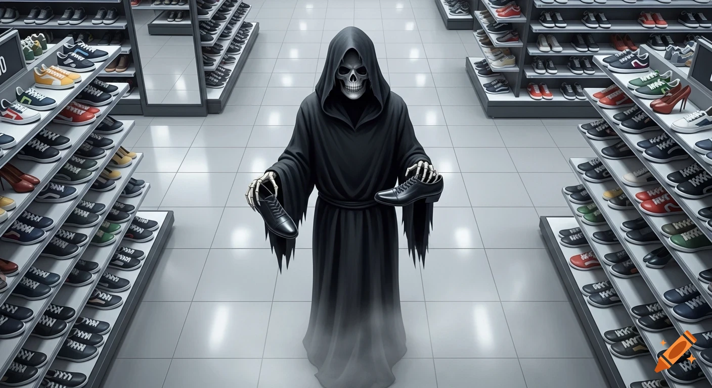 The Grim Reaper, clad in a black hooded robe, stands in the middle of a shoe store aisle, holding up two different black shoes as if trying to decide.