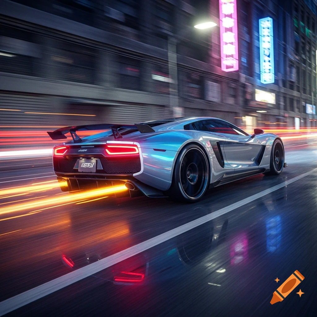 A sleek, silver sports car speeds through a futuristic city at night ...