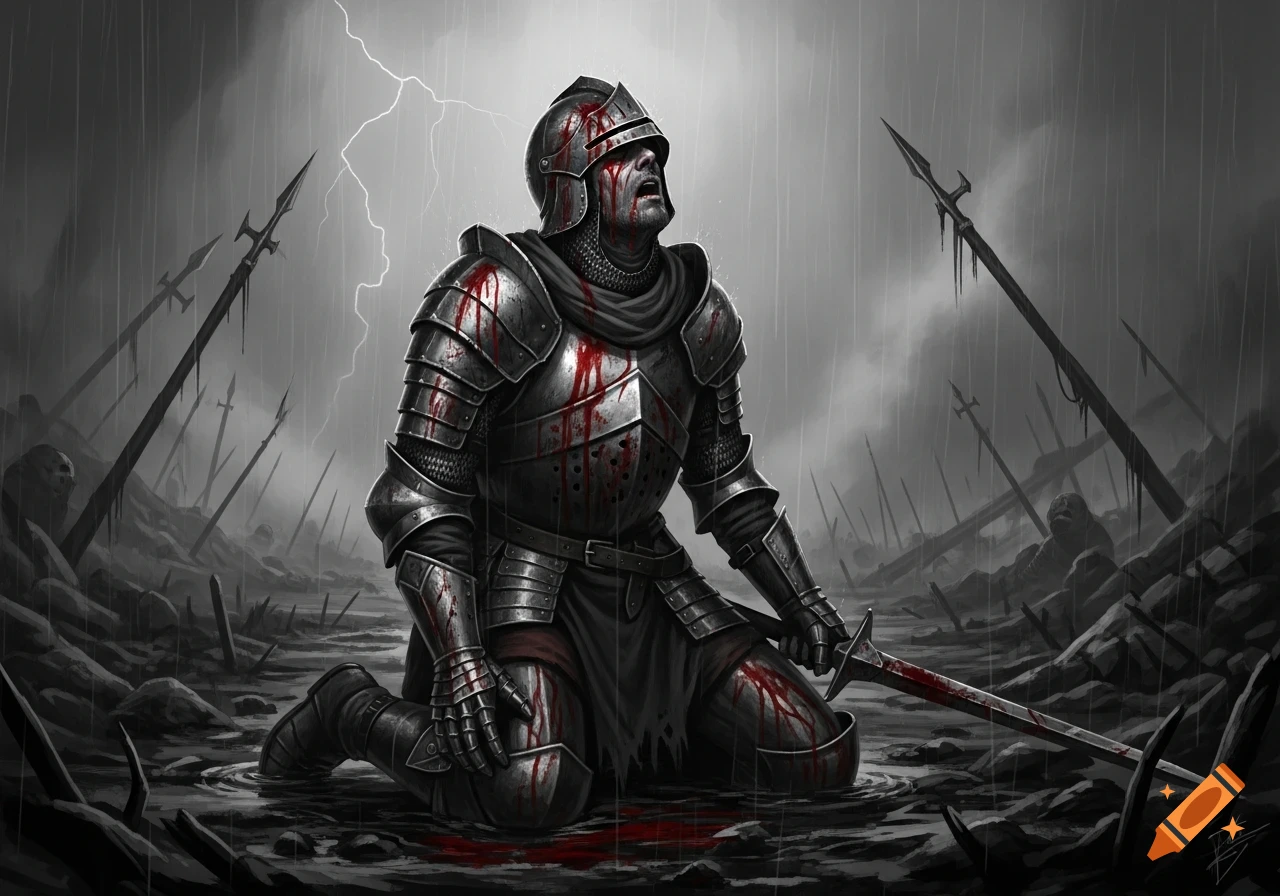 A blood-splattered knight in battered armor kneels in the mud of a rainy battlefield under a lightning-filled dark sky, looking up in despair.
