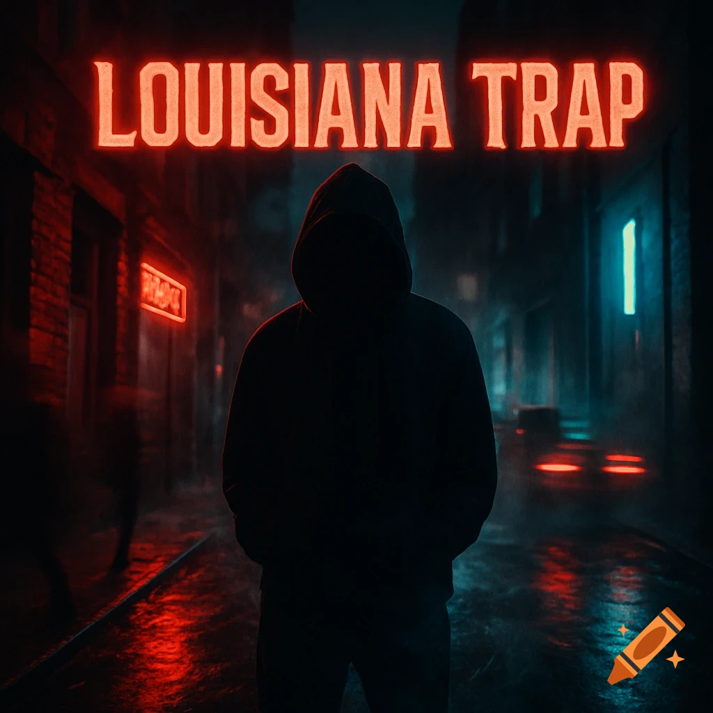 A hooded silhouette stands in a dark, wet alley under glowing neon red text 'LOUISIANA TRAP,' in a high-contrast, cinematic style.