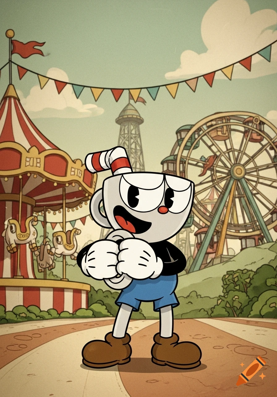 Cuphead, a cartoon character, stands smiling with clenched fists in a vibrant retro amusement park featuring a carousel and Ferris wheel.